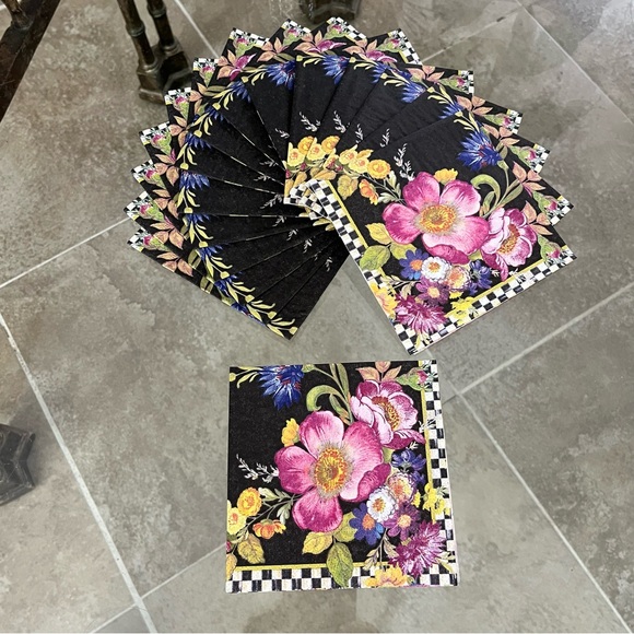 Mackenzie Childs Paper Cocktail Napkins set of 16 black flower market decoupage - Picture 1 of 10